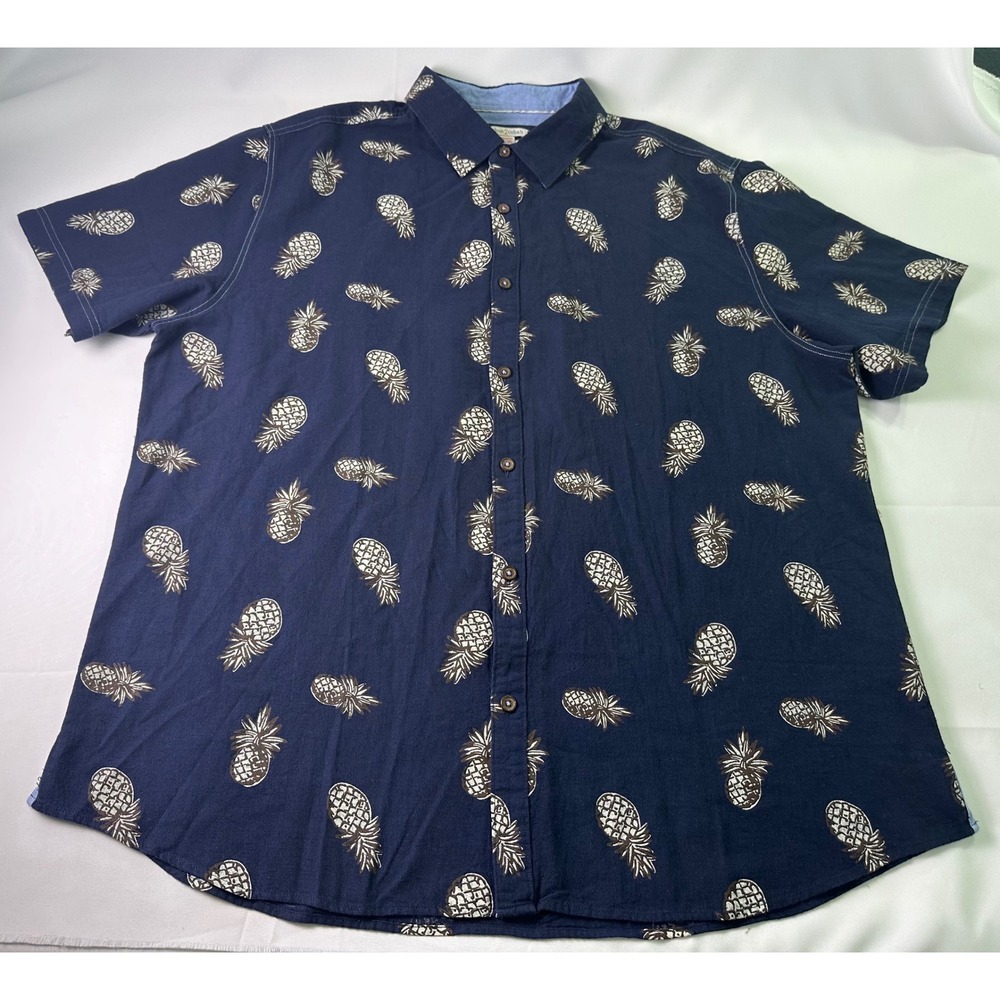 Carbon2Cobalt XL Blue AOP Pineapple Print Short Slv Button Up Shirt Linen Blend